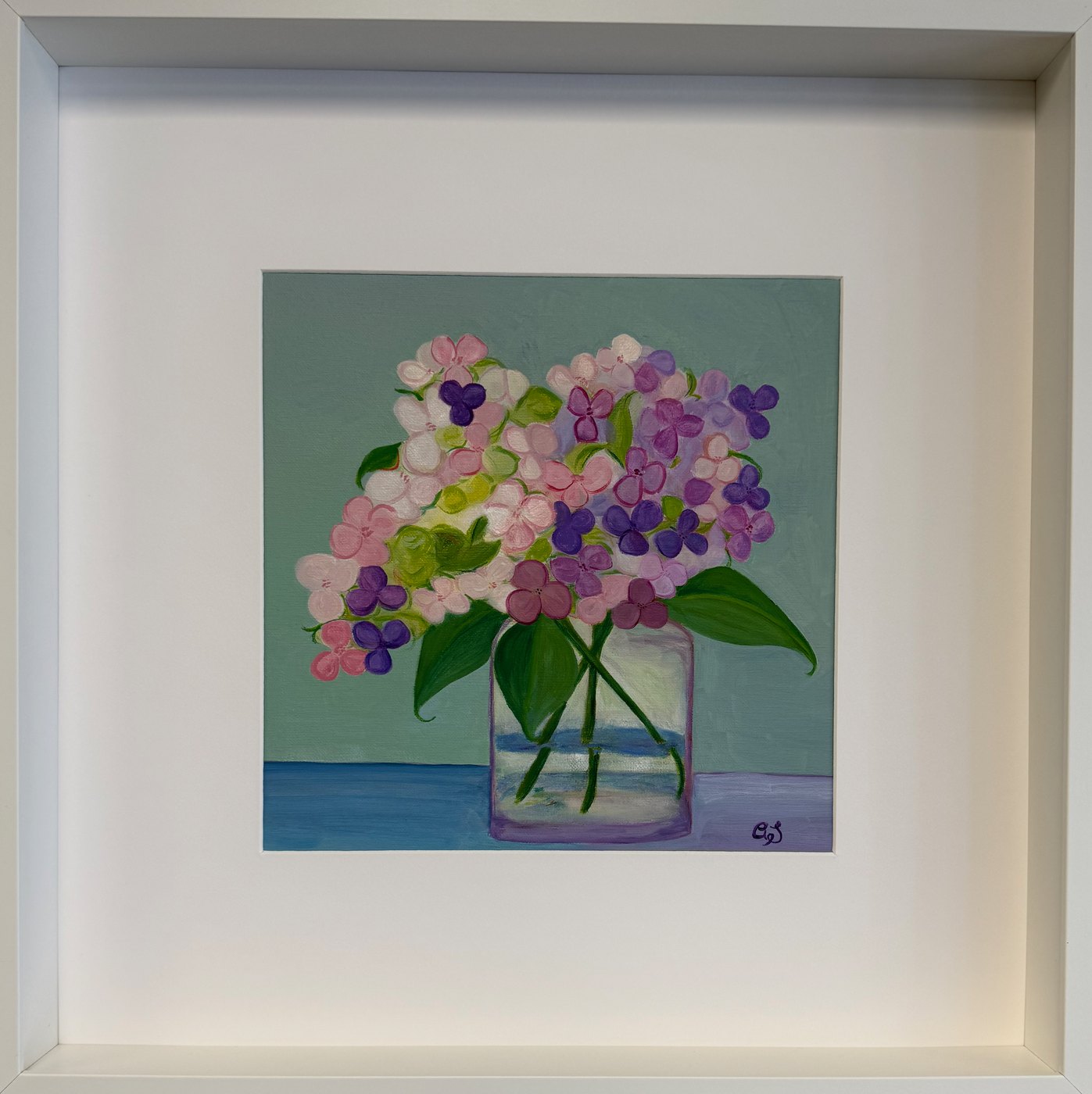 Hydrangeas in Glass — Purple, framed oil on canvas