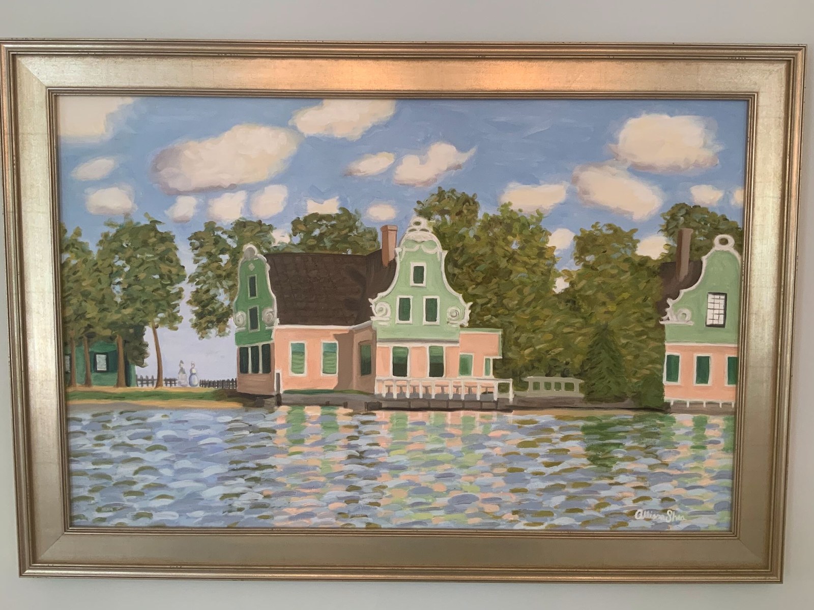 After Monet: Houses on the Zaan — oil on canvas in gilt silver frame, by Allison Shea